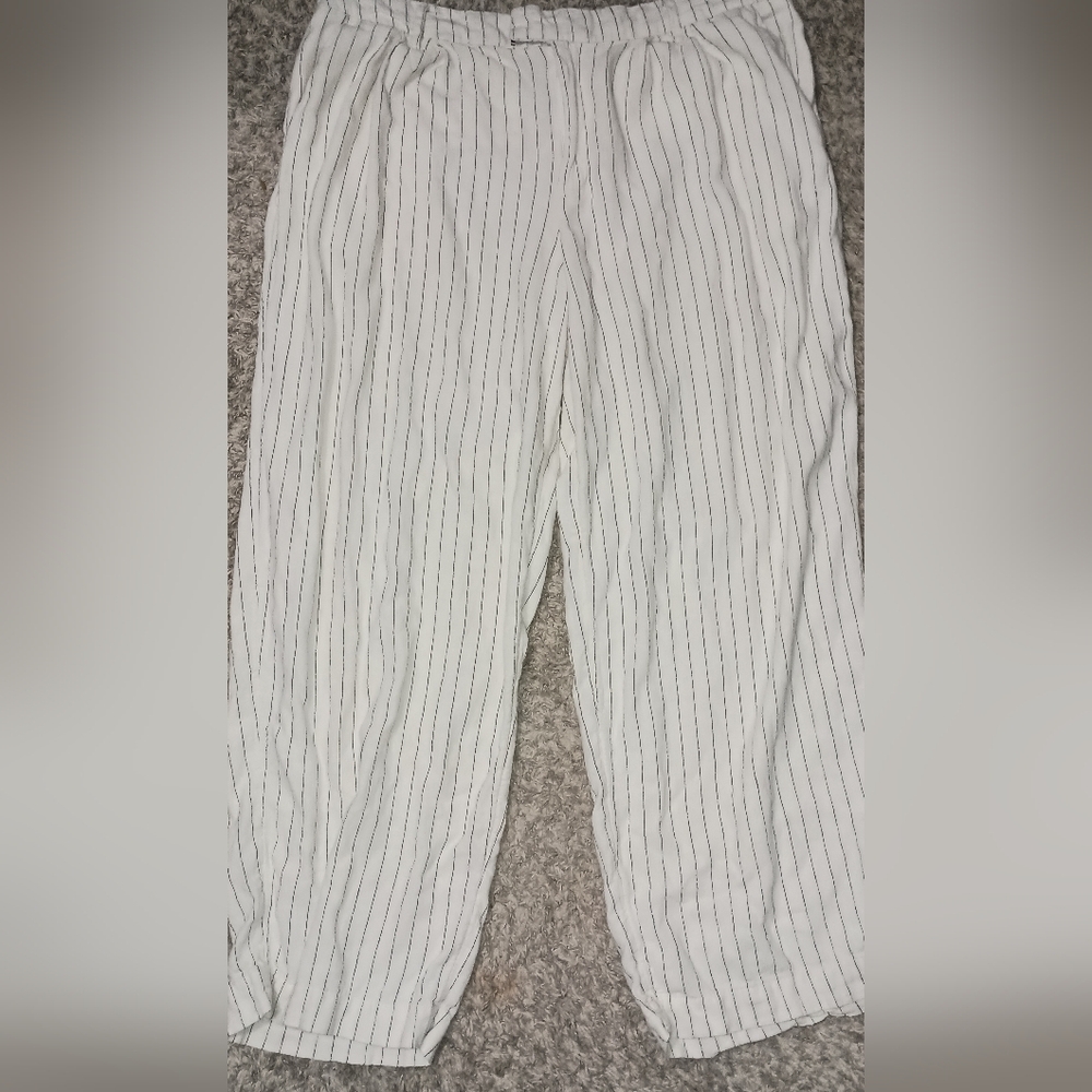 A‎ New Day Size 17 Trouser Pants Linen Blend Cream Stripe Wide Leg Pockets...